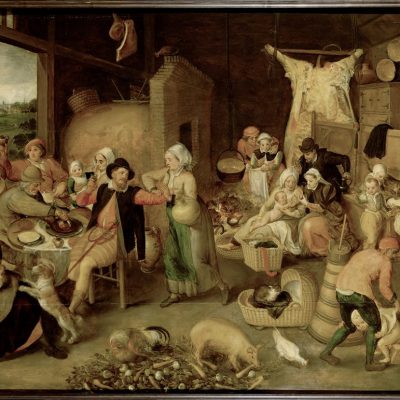 Marten van Cleve (1526/27–1581 Antwerpen), Bauernstube mit vornehmem Besuch, Öl auf Eichenholz, um 1566.