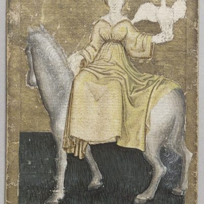 Spielkarte Reiher Königin. Der Silberreiher ist als Beute zu verstehen.