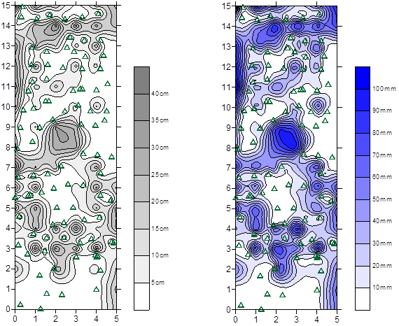 Die Grafik zeigt die räumliche Verteilung der Schneehöhen (in cm) und Wasseräquivalente (in mm), Quelle: Markart G. 2000